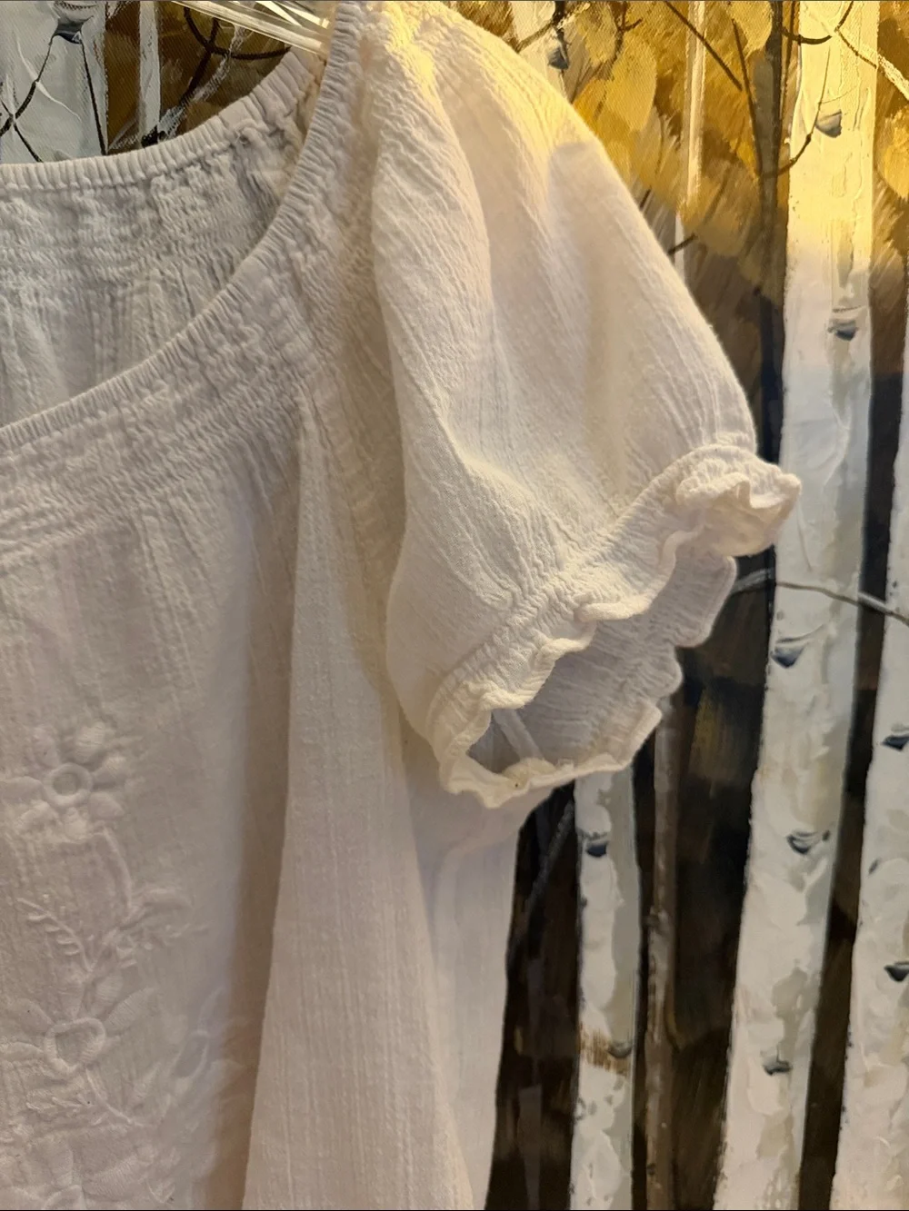 LOFT White Embroidered Peasant Top with Tassel Tie